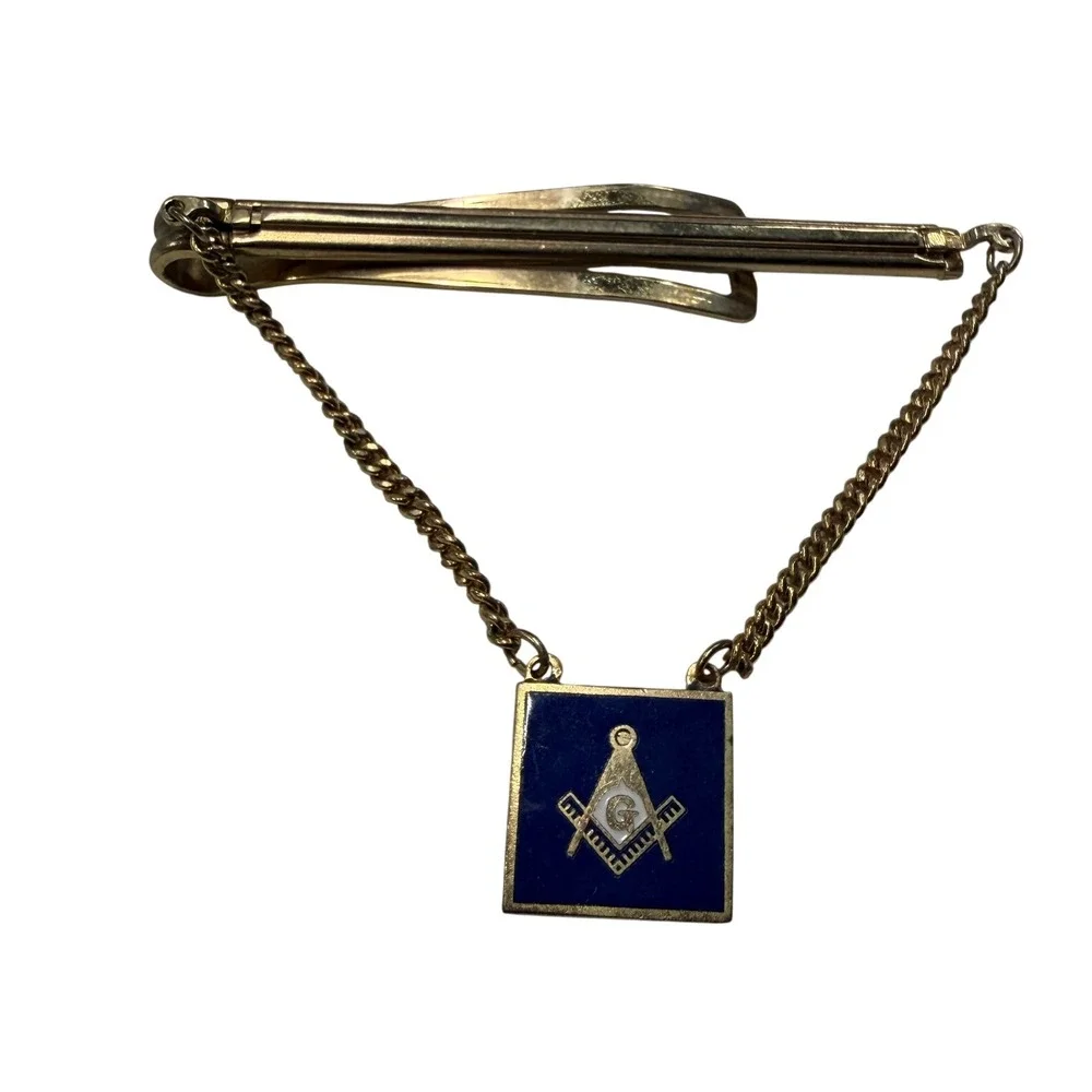 Vintage Masonic Tie Clip Gold Tone Blue Enamel Square and Compasses with Chain
